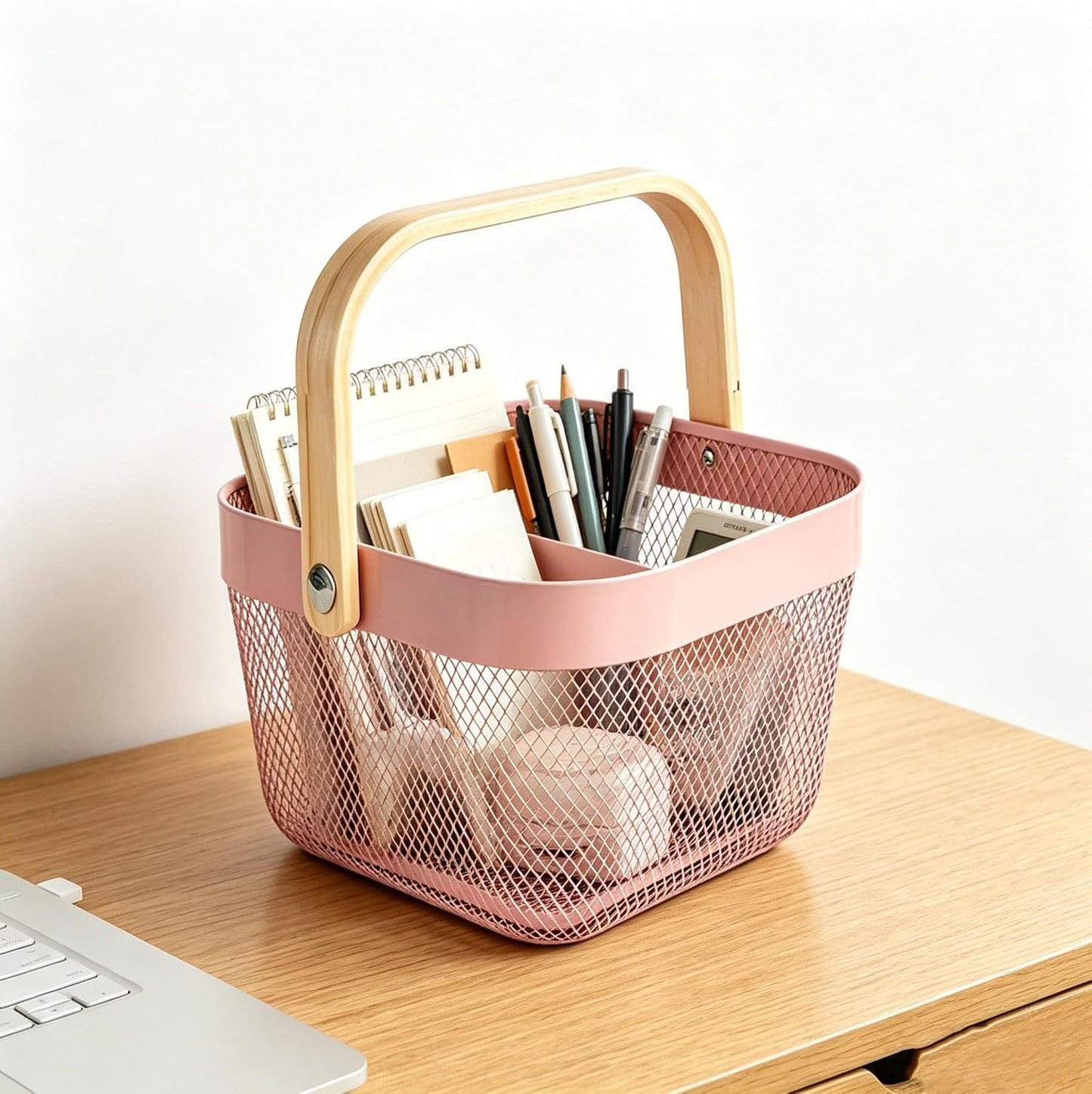 AJIODA Metal Mesh Wire Basket, Large Steel Basket with Wooden Handle Storage Organizer Basket Multi-functional Hanging Kitchen Baskets Fruit Baskets for Kitchen Bathroom Cabinet Pantry Snacks, Black