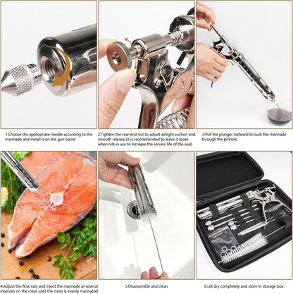 Premium Meat Injector Kit - Stainless Steel Marinade Syringe with 4 Needles, Leak-Proof, Food-Grade Injector for BBQ, Turkey, Chicken, and Grilling（9.15in）