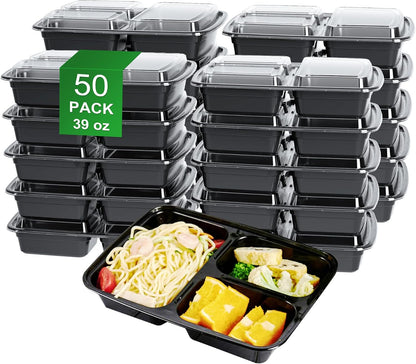 Meal Prep Containers 50 Pack - 39oz 3-Compartment Disposable Take Out Food Storage Containers with Leakproof Lids, BPA Free Plastic To Go Lunch Boxes, Microwave/Dishwasher/Freezer Safe