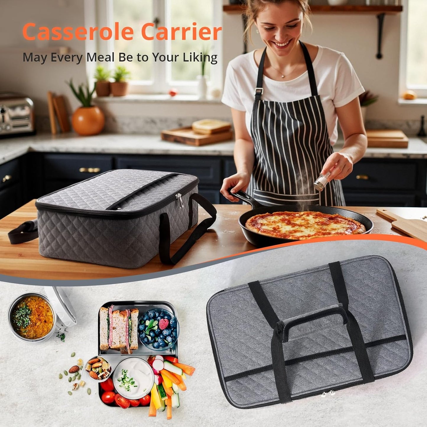 Insulated Casserole Carrier Portable Food Tote for Hot or Cold – Fits 9"x13" Baking Dish, Lasagna Holder for Parties, Picnic, Travel, Beach - Black