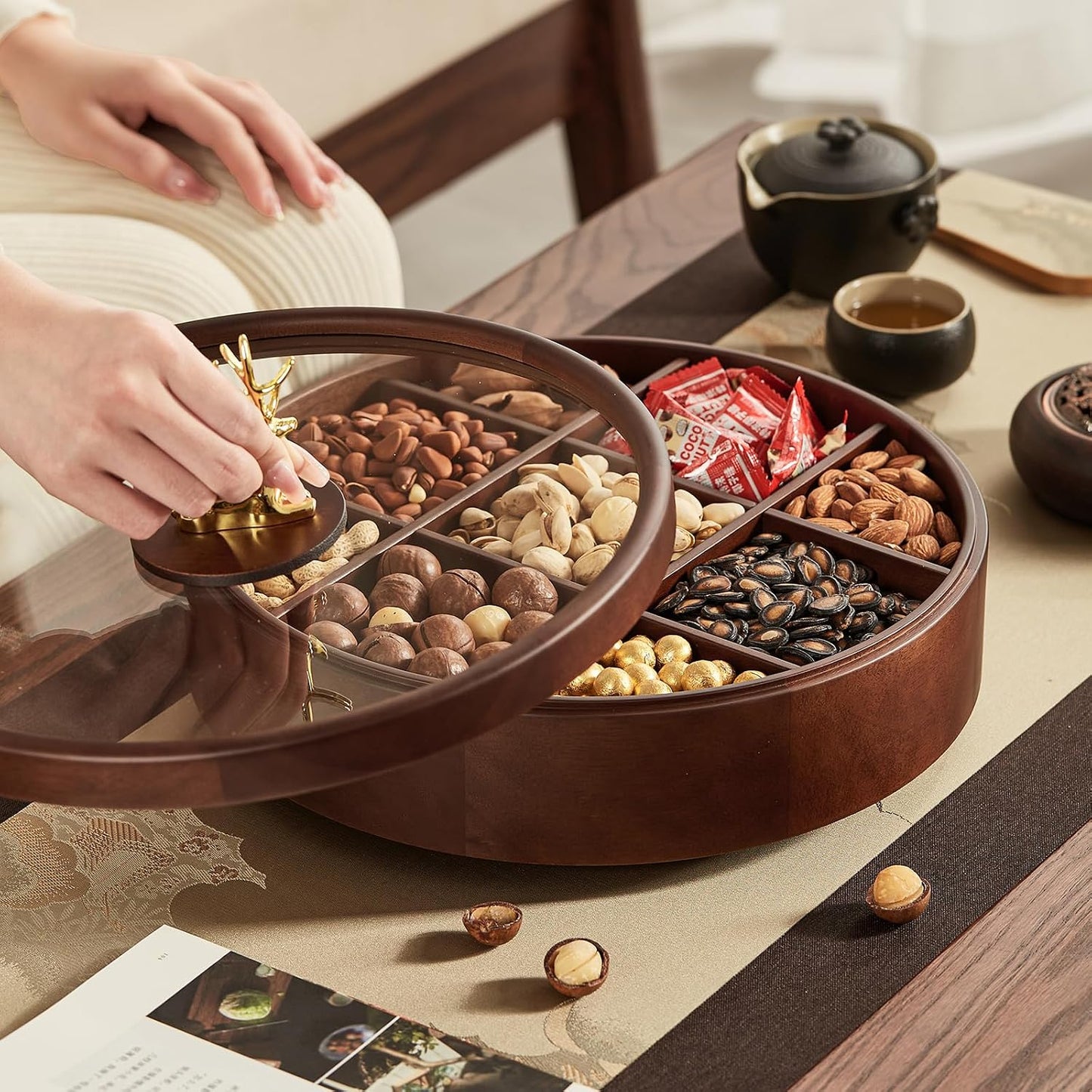 12" Wooden Serving Tray with Lid, 360° Rotating Snack Try, 9 Compartments, Platter Organizer for Snacks, Candy, Nuts, Chips, Tray for Party, Family Dinner for Mom