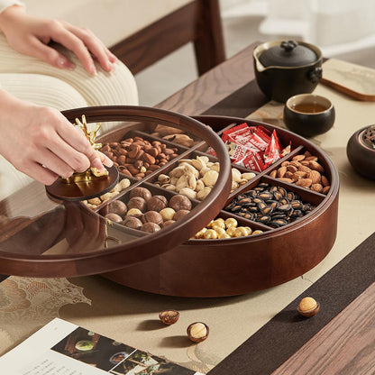 12" Wooden Serving Tray with Lid, 360° Rotating Snack Try, 9 Compartments, Platter Organizer for Snacks, Candy, Nuts, Chips, Tray for Party, Family Dinner for Mom