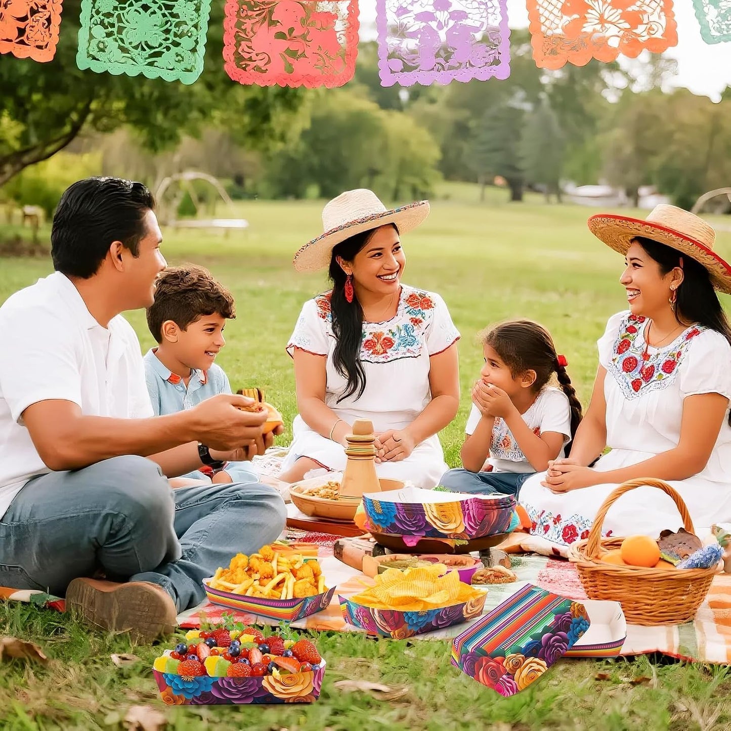 Mexican Taco Nights Food Trays - 60Pcs Mexican Flowers Wavy Edge Unassembled Tray Nacho Snack Candy Holder Disposable Paper Plate Holiday Birthday Carnival Party Supplies Food Container