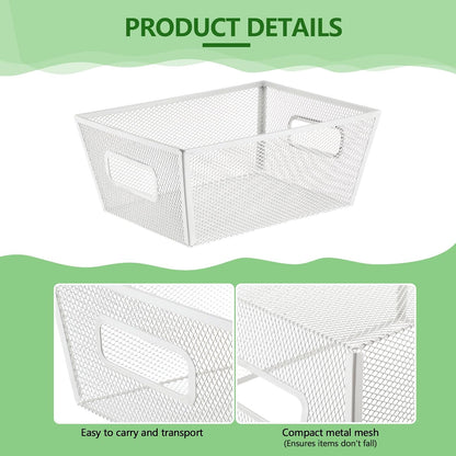 Maxdot 4 Pcs Wire Storage Basket with Handle Metal Baskets Wire Mesh Pantry Organizers for Cabinet Kitchen, Laundry, Bathroom Makeup Snacks Containers(White)