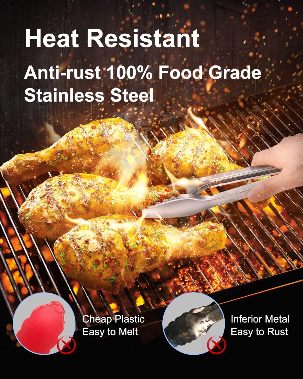 Good Grip Cooking Tongs with Silicone Tips, Set of 3-7" 9" and 12" | 600ºF Heat Resistant, 5-Layer Heavy Duty Stainless Steel, Pull Lock, Non Stick - Kitchen Tongs for Salad, Cooking and Frying