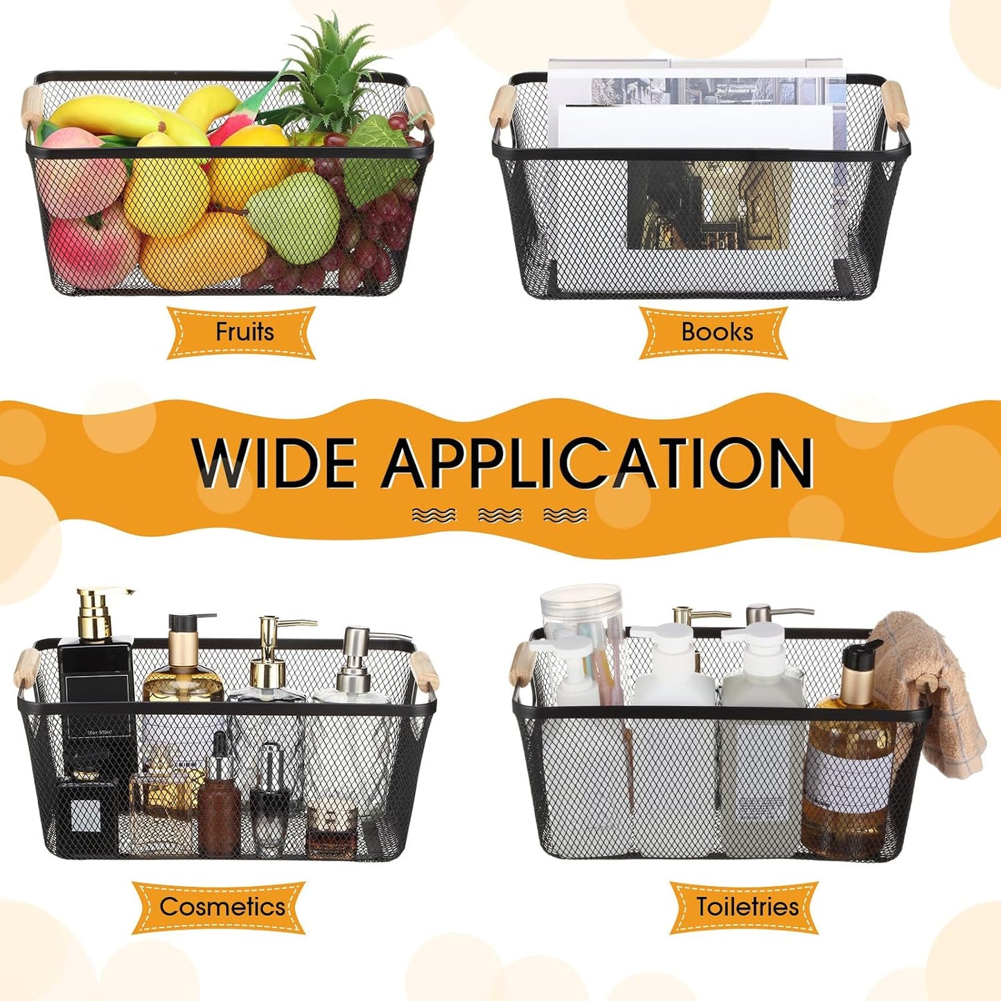 Ziliny 4 Pcs Metal Mesh Wire Baskets with Wooden Handles for Organizing, Pantry Organizers and Storage Steel Bin Kitchen Baskets for Fruit Potato Onion Snacks Bathroom Cabinet(Medium,Cream White)