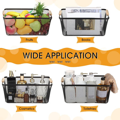 Ziliny 4 Pcs Metal Mesh Wire Baskets with Wooden Handles for Organizing, Pantry Organizers and Storage Steel Bin Kitchen Baskets for Fruit Potato Onion Snacks Bathroom Cabinet(Medium,Cream White)