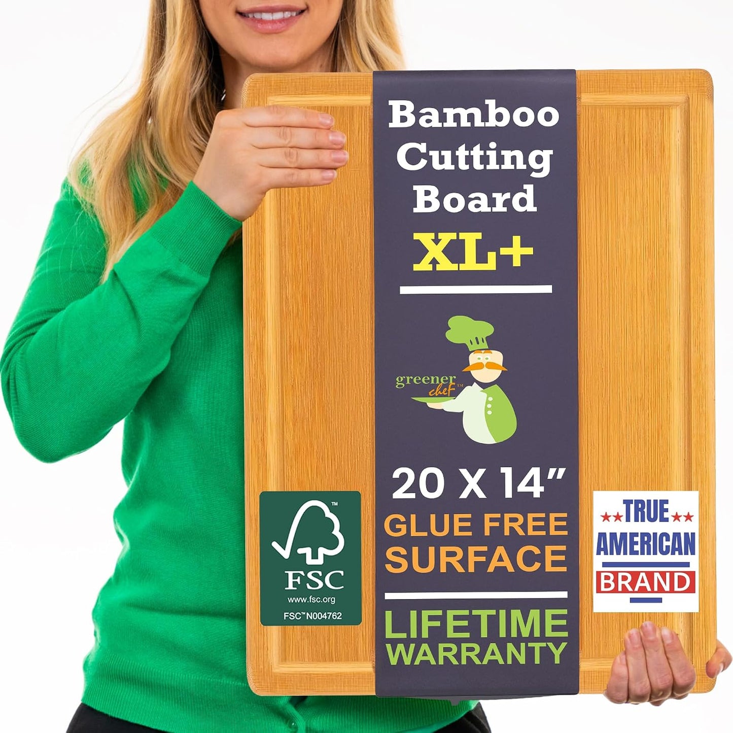 Greener Chef Luxury Bamboo Cutting Board Set of 3 with Glue-Free Surface Technology - Extra Spacious Wood Cutting Boards for Kitchen and XL Chopping Board Set - Replacements for Life