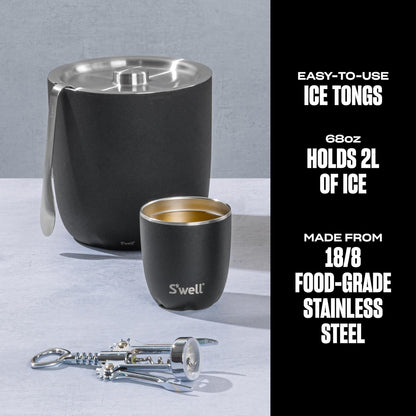 S’well Stainless Steel Ice Bucket with Tongs, 68oz Capacity, Teakwood Pattern Finish, Triple-Layer Vacuum Insulated to Keep Ice Colder Longer, BPA-Free Barware