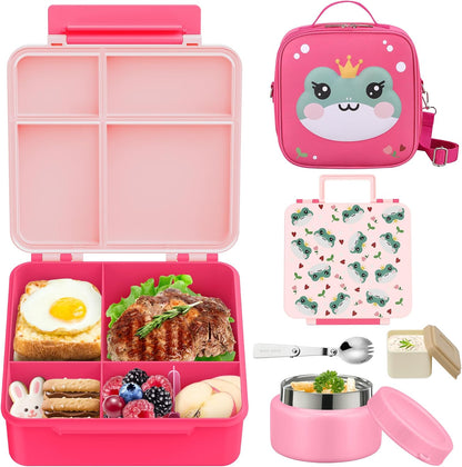Kids Bento Lunch Box with Thermo, Include 9oz Soup Thermo, Kids Leakproof Lunch Box with 4 Compartment, Insulated Lunch Bag for Girls Boys to School Travel