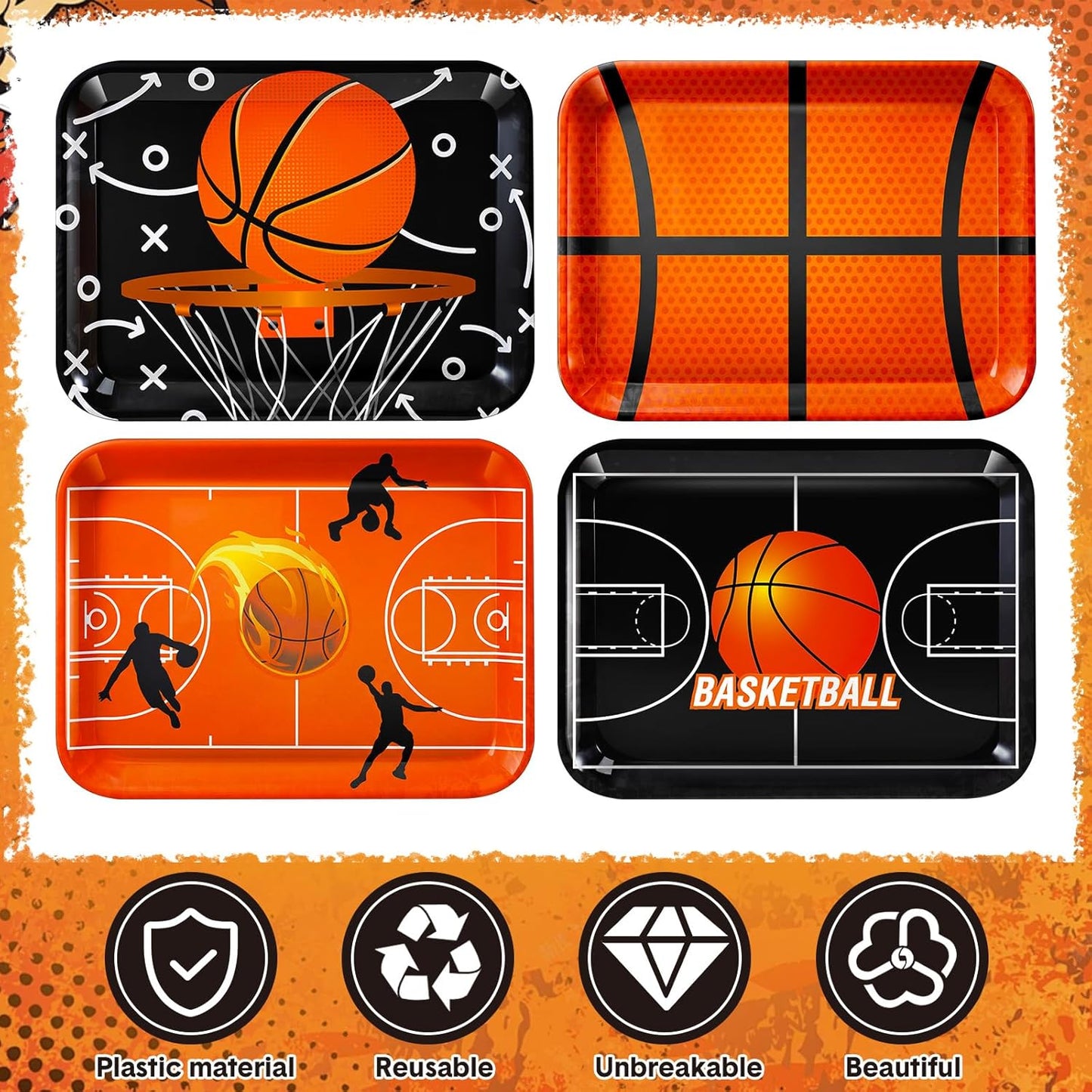 4 Pieces Basketball Serving Trays - Sports Melamine Platters Reusable Rectangle Party Trays for Basketball Sports Theme Party Food Dessert Serving Supplies, 13 x 9.7 inch