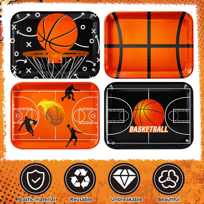 4 Pieces Basketball Serving Trays - Sports Melamine Platters Reusable Rectangle Party Trays for Basketball Sports Theme Party Food Dessert Serving Supplies, 13 x 9.7 inch