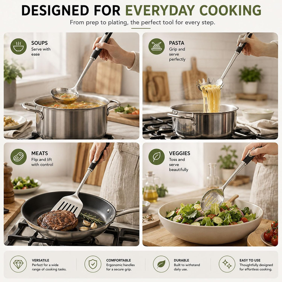 Stainless Steel Cooking Spoon Set, Serving,Slotted & Ladle
