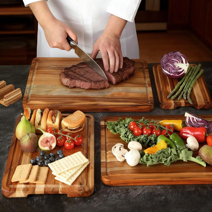 3 Pack Teak Cutting Board Set for Kitchen Wood Charcuterie Board with Juice Groove Wooden Cutting Boards Non Toxic Heavy Duty Slip Over Sink Solid Thick Chopping Board FSC