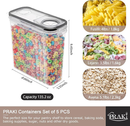 PRAKI Cereal Containers Storage Set (4L,135.2 Oz), 8PCS Airtight Food Storage Containers with Lids for Kitchen & Pantry Organizers and Storage, Cereal Dispensers with 20 labels, Measuring Cup & Marker