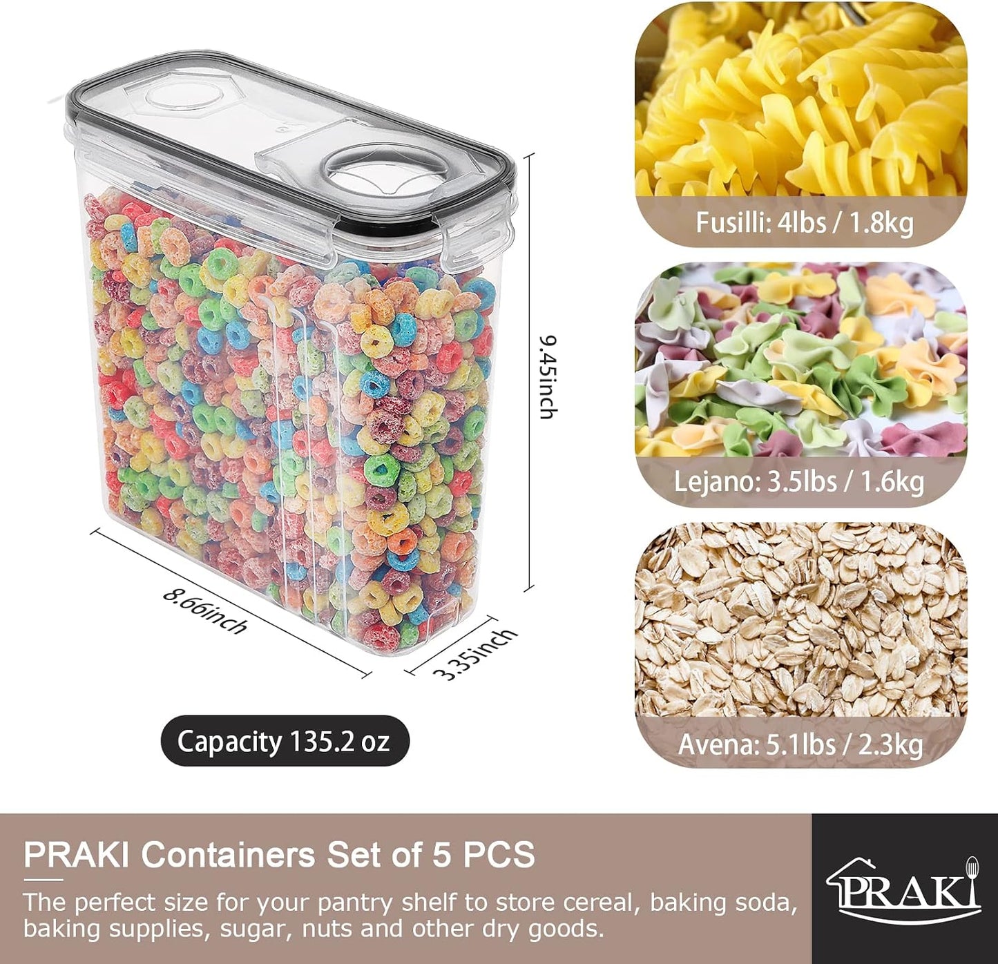 PRAKI Large Dry Food Storage Containers with Lids, 6PCS Airtight Cereal Containers Storage Set, Leak-proof Canister Set for Kitchen Pantry Organization with 20 Labels & Marker (4L Black)