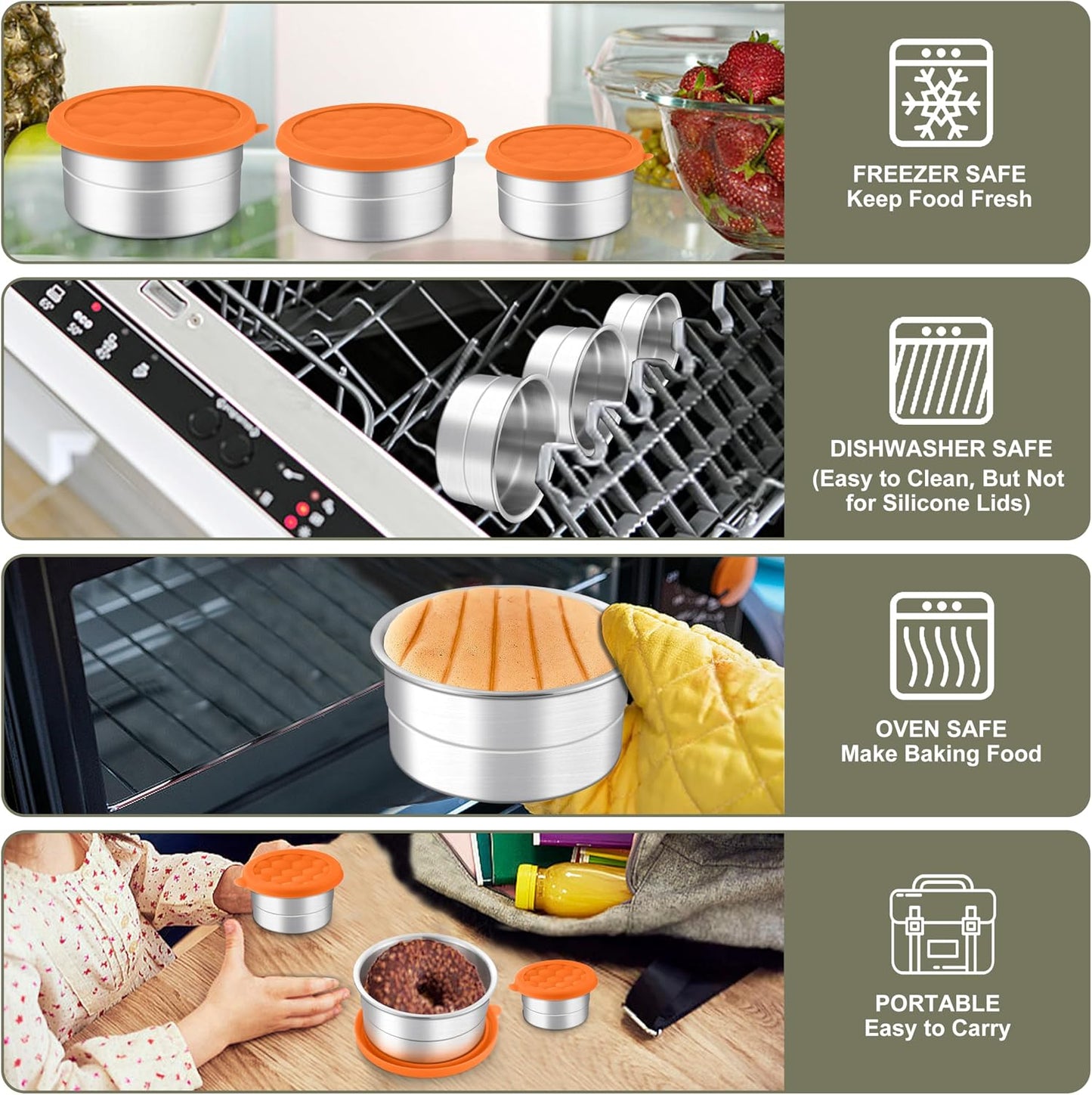 HaWare Stainless Steel Food Storage Containers with Silicone Lids, Leak-Proof Metal Snack Container, Round Lunch Box for Kids Adults, Stackable & Reusable Meal Prep Containers, Set of 3, Multicolor