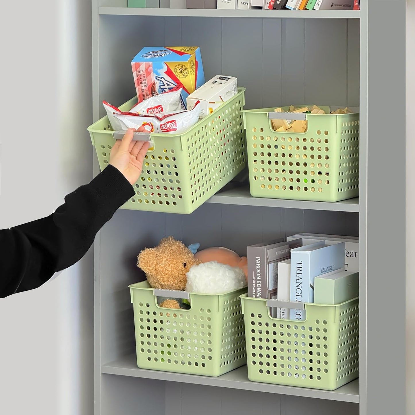 Soddeph 4 Pack Plastic Deep Storage Basket with Handles, Cubbies Organizer Bins with Hollow Design for Under Counter, Closet, Kitchen or Bathroom 12.3" × 8.7" × 6.9"(White, Medium)