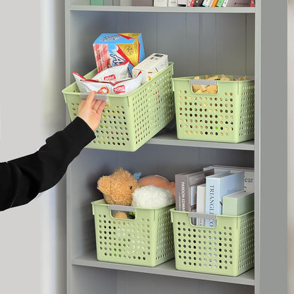 Soddeph 4 Pack Plastic Deep Storage Basket with Handles, Cubbies Organizer Bins with Hollow Design for Under Counter, Closet, Kitchen or Bathroom 12.3" × 8.7" × 6.9"(White, Medium)