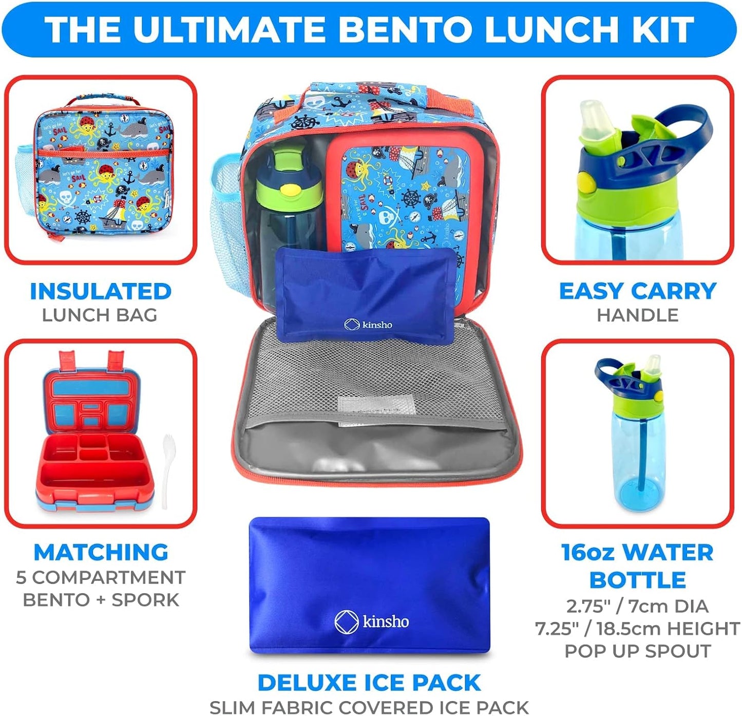 Kinsho Bento Lunch Box for Kids Toddlers, 5 Portion Control Sections, BPA Free Removable Plastic Tray, Pre-School Kid Toddler Daycare Lunches, Snack Container Ages 3 to 7 (Blue Space Rockets)