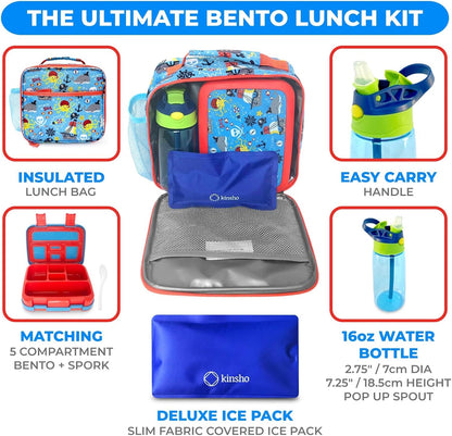 Kinsho Bento Lunch Box for Kids Toddlers, 5 Portion Control Sections, BPA Free Removable Plastic Tray, Pre-School Kid Toddler Daycare Lunches, Snack Container Ages 3 to 7 (Blue Space Rockets)