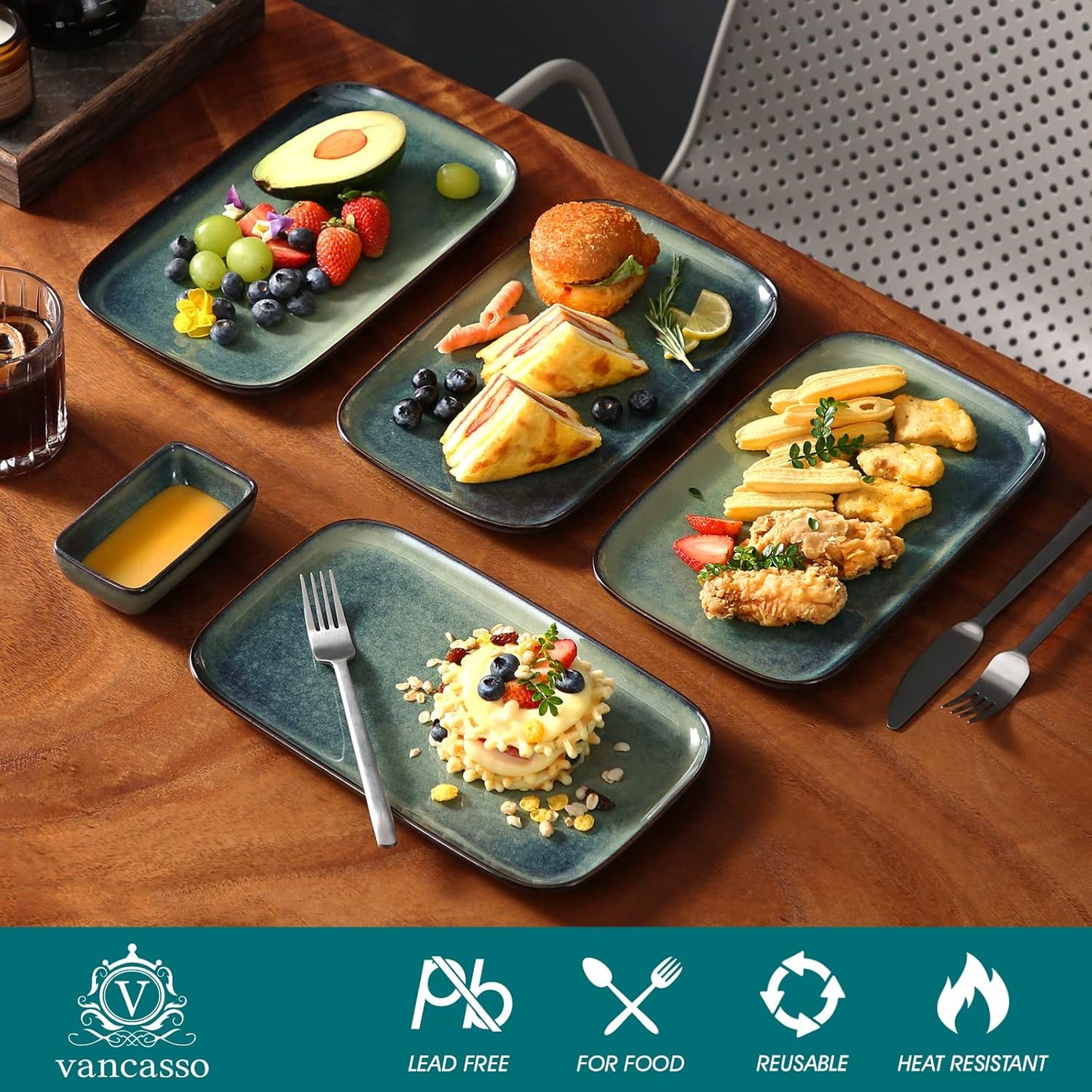 vancasso Stern Serving Platters Set of 3, 15/13/ 11 Inches Rectangular Serving Plates, Blue Serving Trays for Entertaining, Party