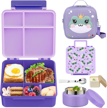 Kids Bento Lunch Box with Thermo, Include 9oz Soup Thermo, Kids Leakproof Lunch Box with 4 Compartment, Insulated Lunch Bag for Girls Boys to School Travel