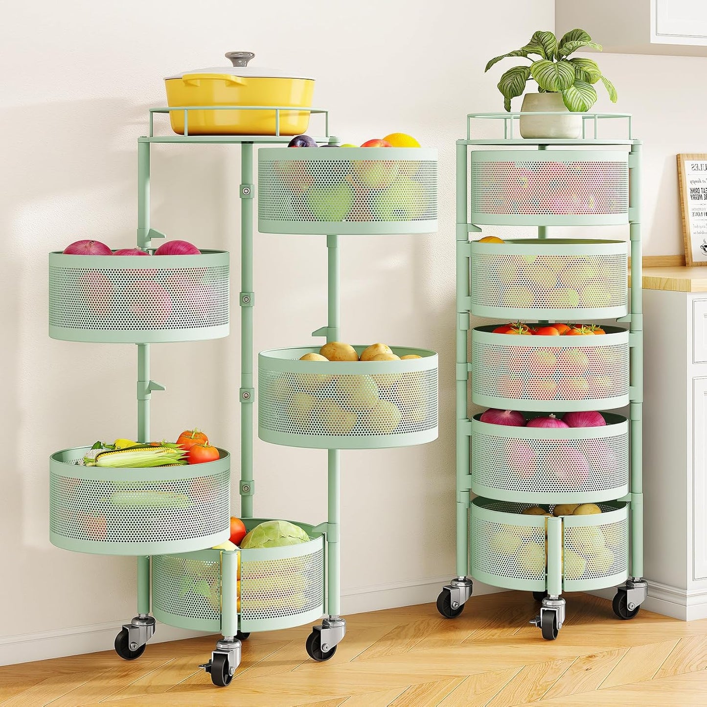 SNTD Fruit and Vegetable Basket Bowls for Kitchen with Metal Top Lid, 5 Tier Rotating Storage Rack Cart for Potato Onion Bread Banana, Wire Basket Organizer on Wheels, Large, Black