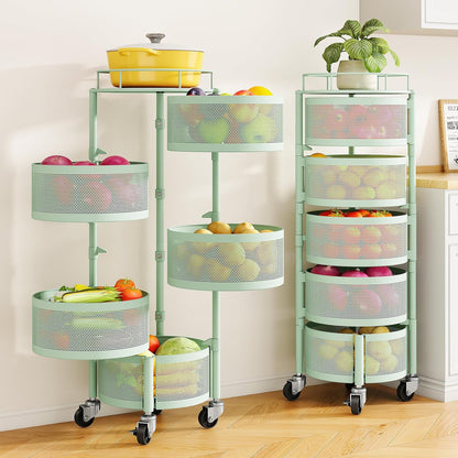 SNTD Fruit and Vegetable Basket Bowls for Kitchen with Metal Top Lid, 5 Tier Rotating Storage Rack Cart for Potato Onion Bread Banana, Wire Basket Organizer on Wheels, Large, Black