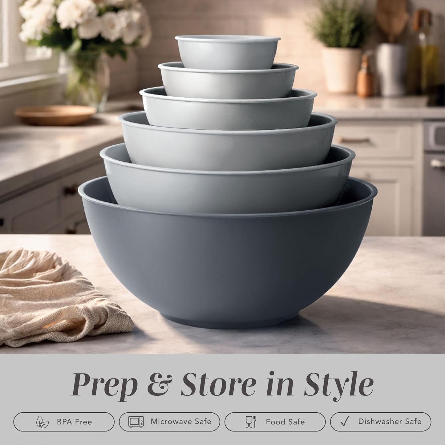 COOK WITH COLOR Mixing Bowls with Lids - 12 Piece Plastic Nesting Bowls Set includes 6 Prep Bowls and 6 Lids, Microwave Safe Mixing Bowl Set, Pink Embossed - Colors B