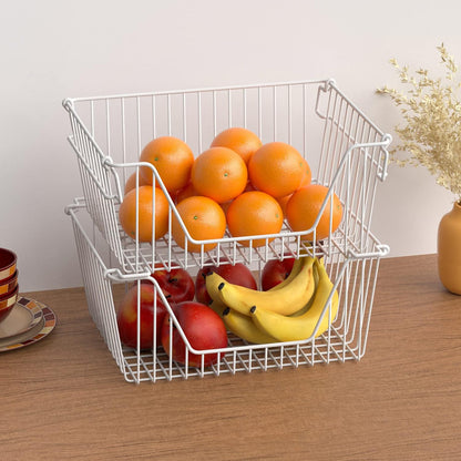 Stackable Wire Metal Baskets Sturdy Cabinet Organizer Wire Pantry Freezer Bin with Handle for Kitchen Fruit Vegetable Organization, Black, 3Packs