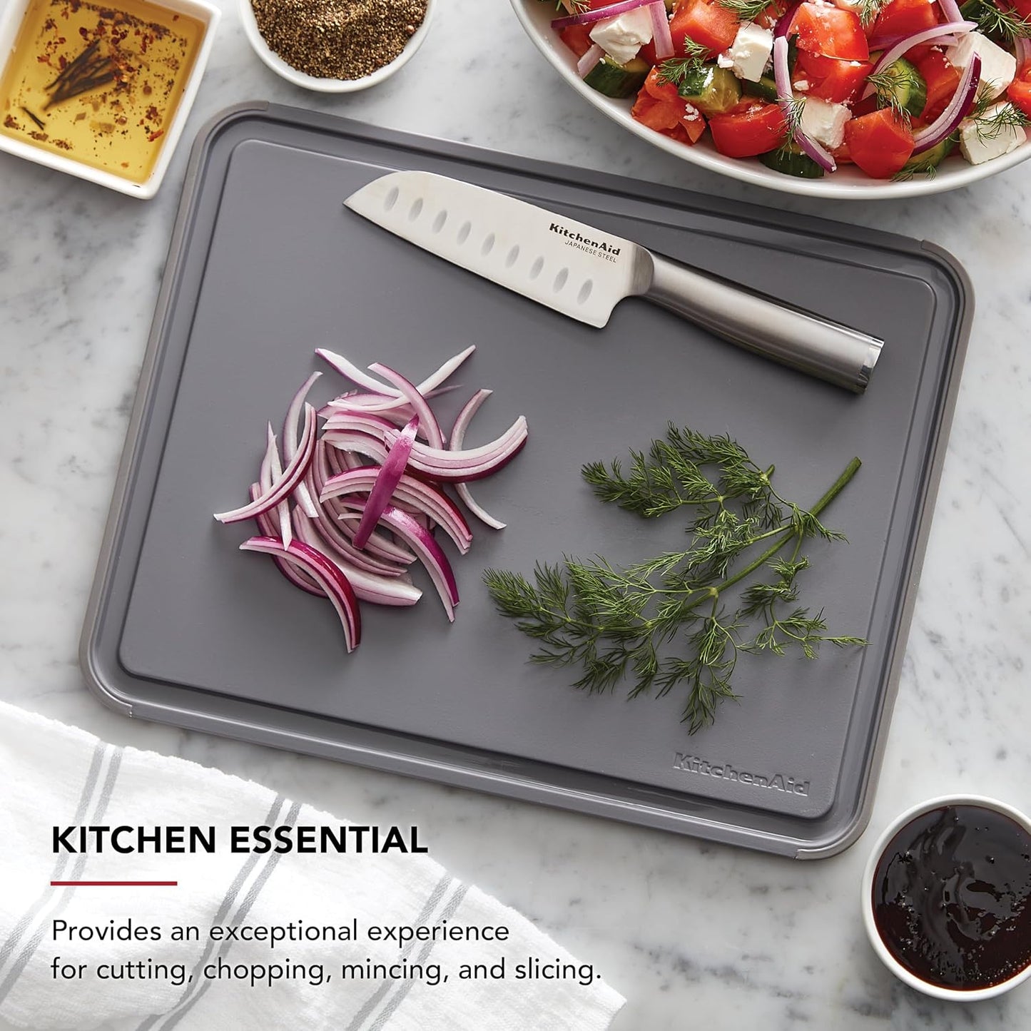 KitchenAid Classic Plastic Cutting Board with Perimeter Trench and Non Slip Edges, Dishwasher Safe, 12 inch x 18 inch, Gray