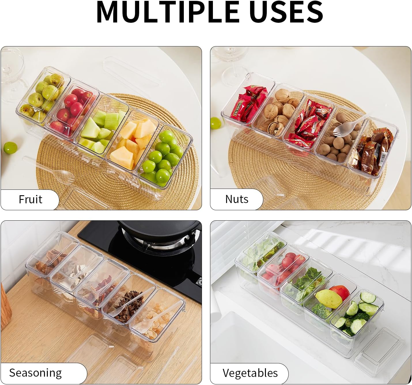 Chilled Condiment Server，Taco Bar Serving Set for Party，15.3" Condiment Serving Platters with 5 Separate Lids and Removable Compartments, Set of 5 Serving Spoons & 2 Clips (5 Containers, 1 pack)