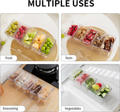 Chilled Condiment Server，Taco Bar Serving Set for Party，15.3" Condiment Serving Platters with 5 Separate Lids and Removable Compartments, Set of 5 Serving Spoons & 2 Clips (5 Containers, 1 pack)