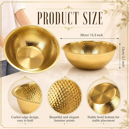 2 Pcs Large Gold Hammered Stainless Steel Beverage Tub 15.35x5.12 Inch, 16.4 Qt Leak-proof Ice Bucket for Parties, Champagne Wine Chiller Bowl, Luxury Drink Cooler for Wedding, Mimosa Bar