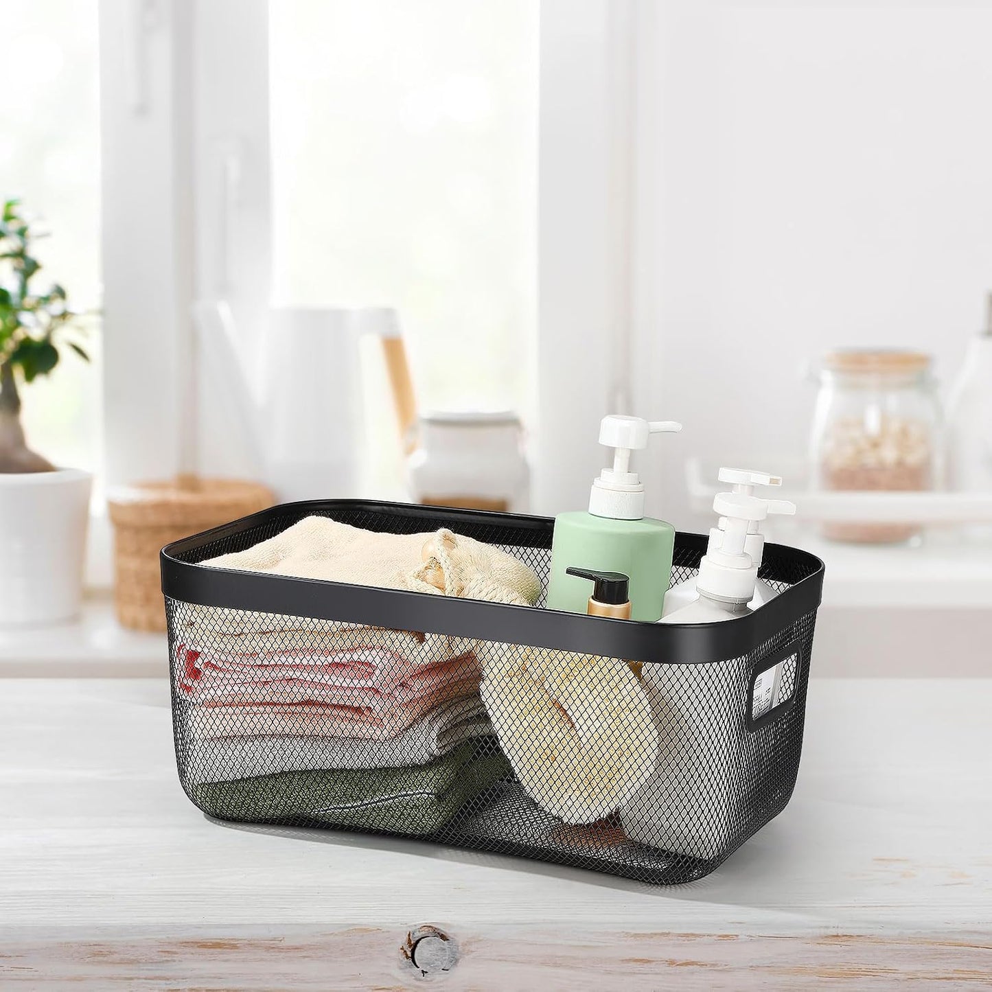 MorningRo 6 Pack Metal Mesh Basket with Hollow Handles Black Wire Storage Bin for Organizing Stackable Metal Fine Mesh Basket for Pantry Bathroom Kitchen Cabinets Shelves (Medium)