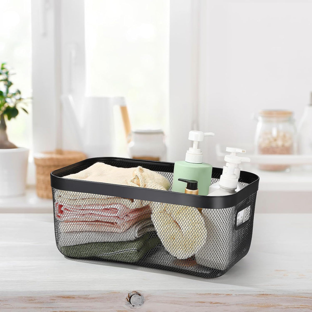 MorningRo 6 Pack Metal Mesh Basket with Hollow Handles Black Wire Storage Bin for Organizing Stackable Metal Fine Mesh Basket for Pantry Bathroom Kitchen Cabinets Shelves (Medium)