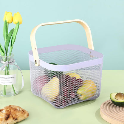 AJIODA Metal Mesh Steel Basket, Storage Organizer Basket Multi-functional Hanging Kitchen Baskets Fruit Basket Bin with Bamboo Handle for Kitchen Bathroom Picnic Shopping Decor Cabinet Home, Blue