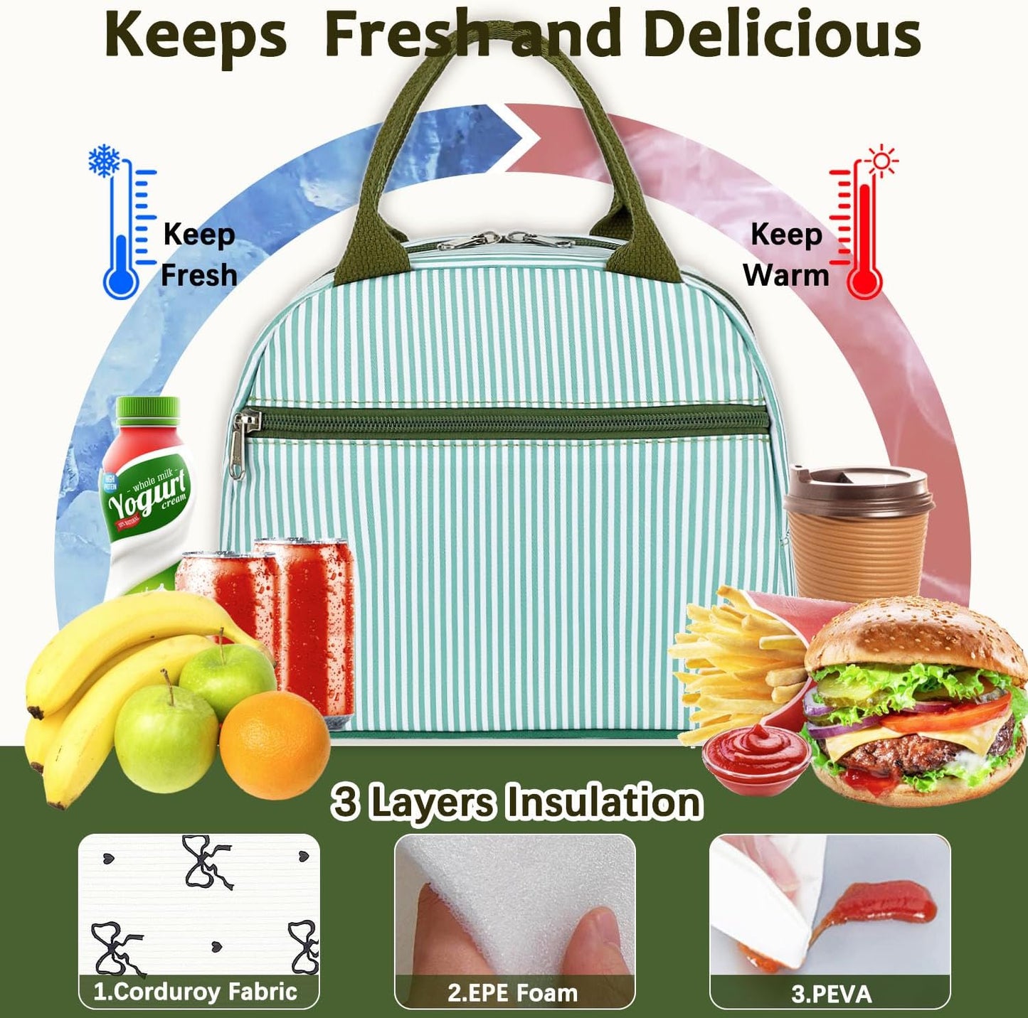GYEUKHAM Lunch Bag Women, Lunch Box for Adult Men Kids Girls, Small Cute Lunchbox Tote Large Capacity Insulated Lunch Container Cooler for Work School Picnic Travel, Black White Stripes