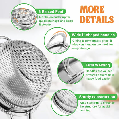 P&P CHEF Colander Strainer Stainless Steel 3 Quart, Metal Micro-Perforated Colander for Kitchen Food, Ideal for Rinsing Washing Draining, Dishwasher Safe, Shiny Silver, 2PCS