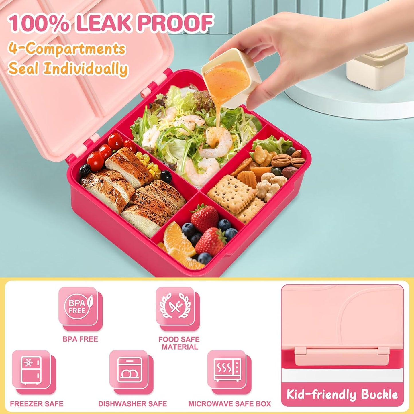MAXSO Bento Lunch Box Set with 8 oz Soup Thermo, Kids Leakproof 4 Compartments Hot Food Container with Sauce Cup, Ice Pack and Lunch Bag, Child Insulated Food Jar for School - Black