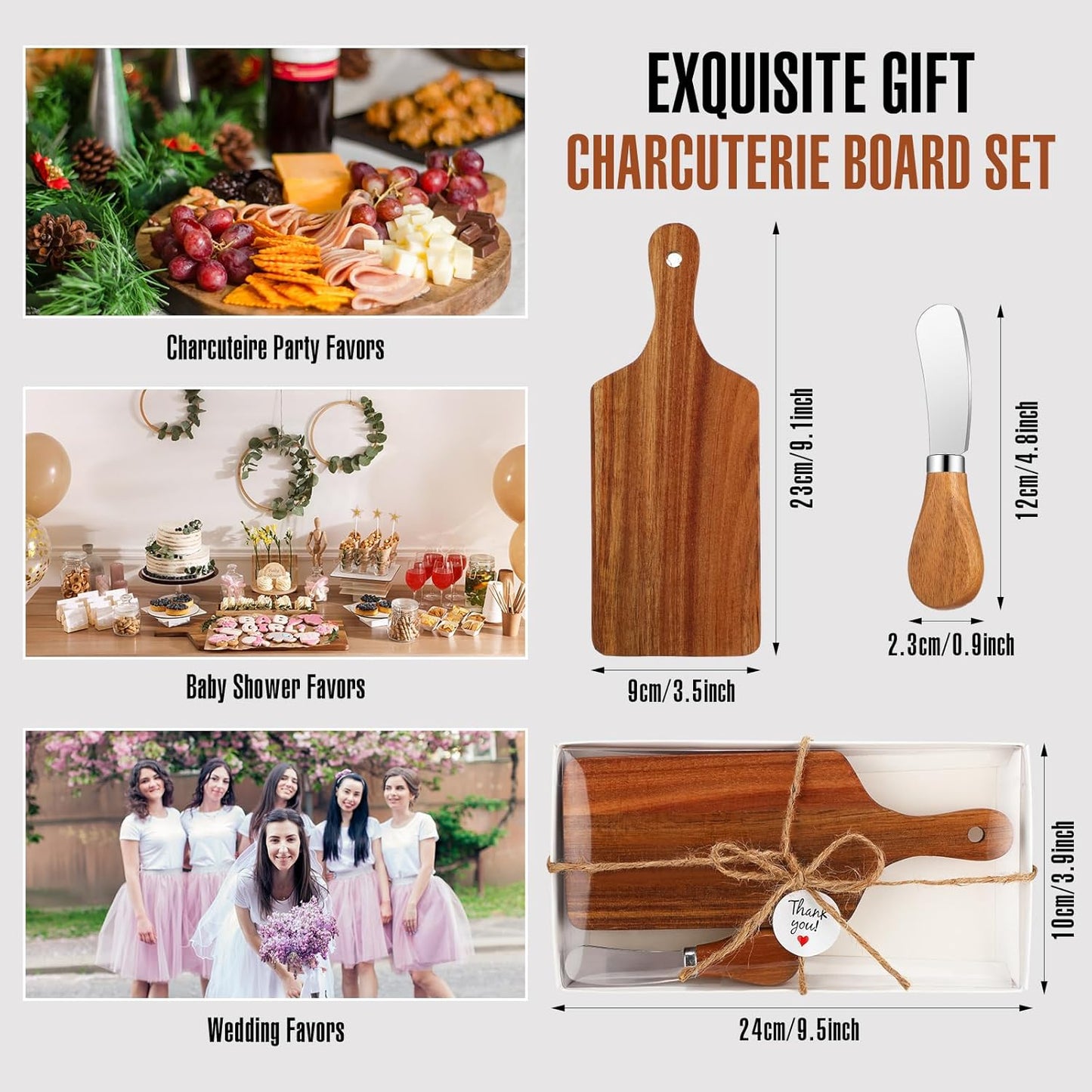 Tioncy 12 Sets Bridal Baby Shower Cheese Prizes Christmas Kitchen Gifts Mini Charcuterie Board Set with Knife Wooden Board Thank You Box for Christmas Wedding Party Guests Game Gifts(Bamboo)