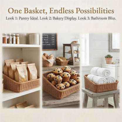 Woven Serving Basket, Rectangle Rattan Organizer Bins, Decorative Tabletop Baskets for Pantry Bathroom, Plastic Wicker Storage Basket for Bread Vegetables Fruit Snacks, Brown 35×25×12cm