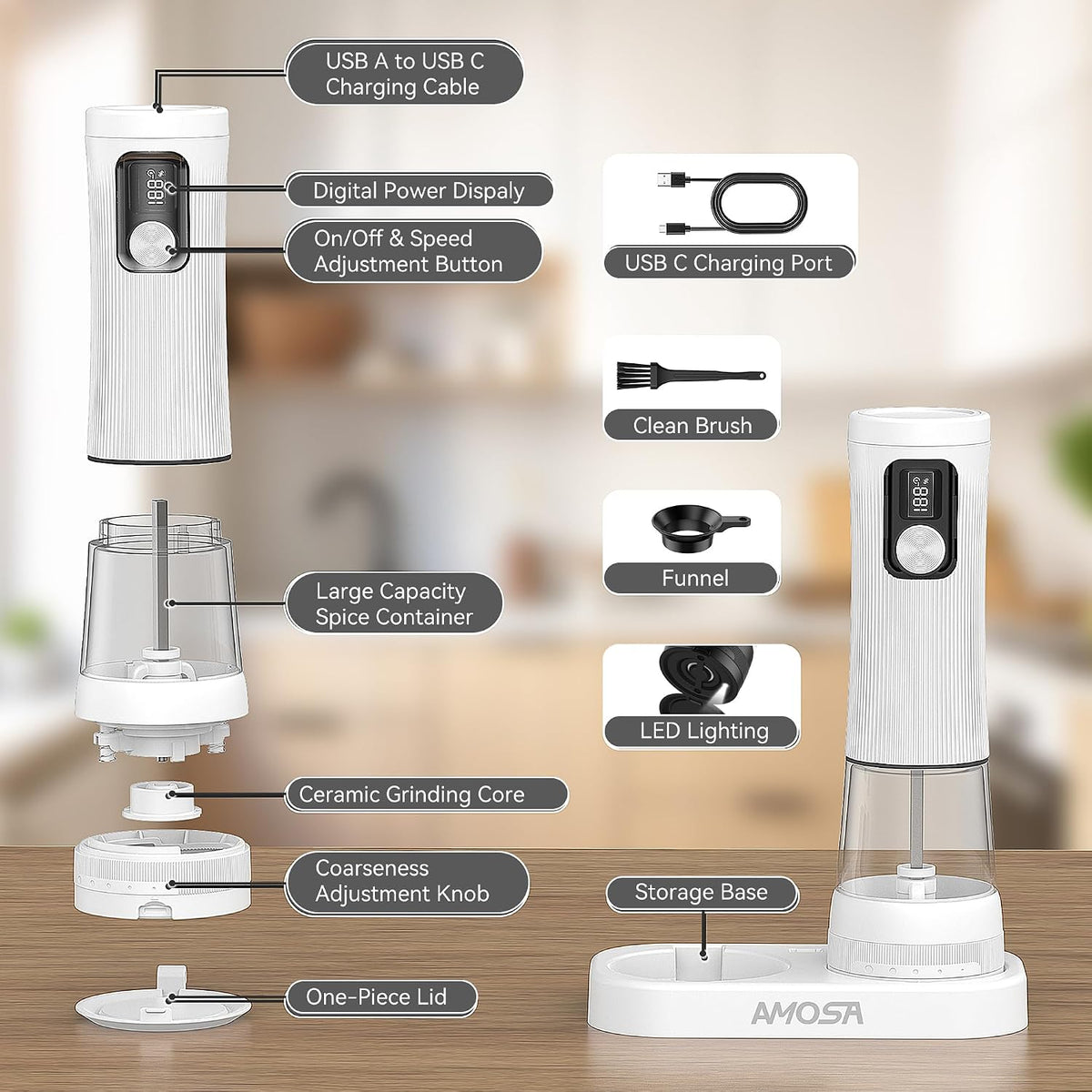 Electric Salt and Pepper Grinder Set, 2 in 1 Dual Bins USB Rechargeable