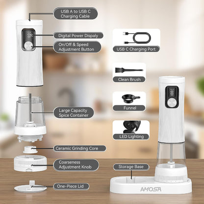 Electric Salt and Pepper Grinder Set, 2 in 1 Dual Bins USB Rechargeable