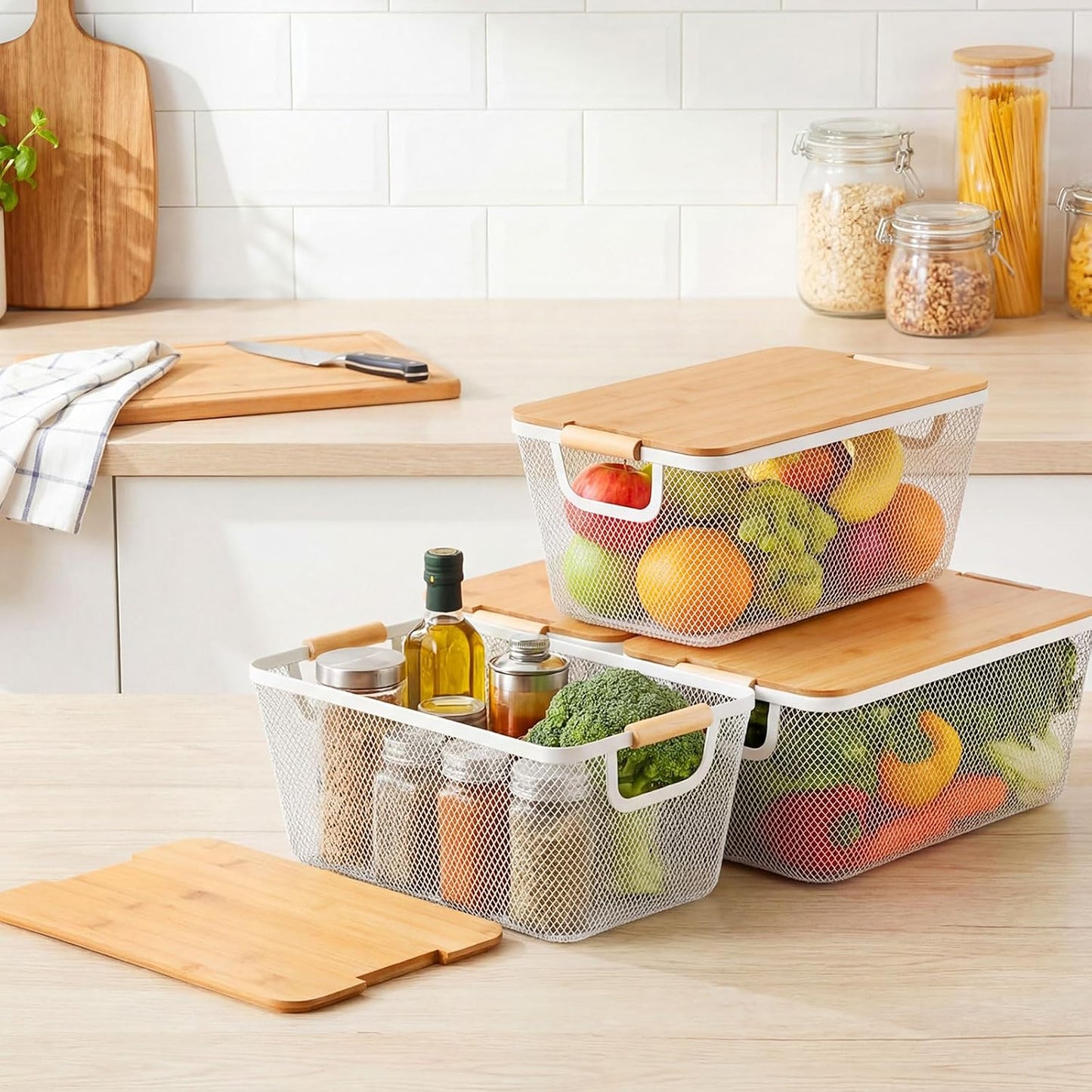 Geelin 4 Pcs Metal Wire Basket with Wooden Handles and Bamboo Lids 12.2 x 8.27 x 5.51 Mesh Steel Basket Stackable Storage Bins Organizer Containers for Vegetables Fruit Home Cabinet Pantry(White)