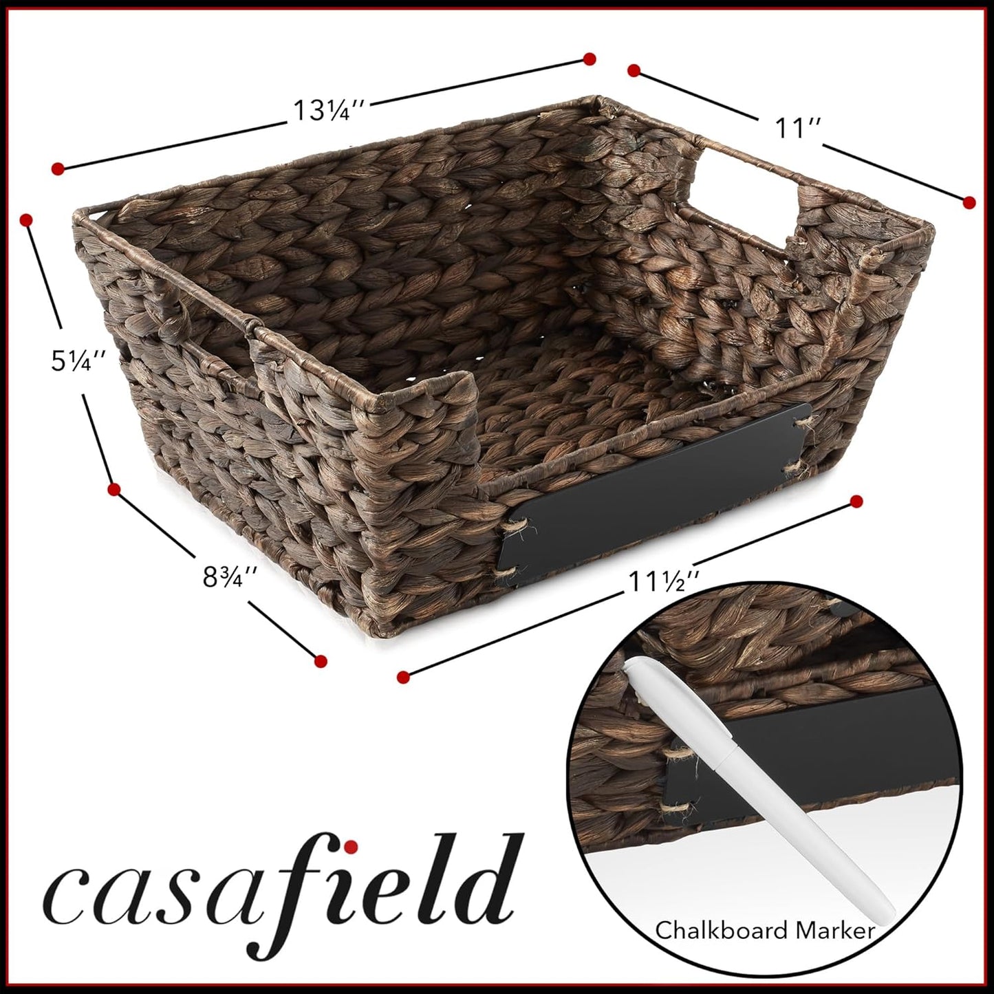 Casafield Set of 2 Water Hyacinth Pantry Baskets with Handles, Chalkboard Labels, and Marker - Natural, Wide Woven Storage Bin Organizers for Kitchen Shelves