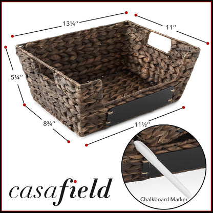 Casafield Set of 2 Water Hyacinth Pantry Baskets with Handles, Chalkboard Labels, and Marker - Natural, Wide Woven Storage Bin Organizers for Kitchen Shelves
