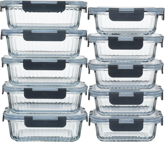 10 Pack Glass Food Storage Containers with Lids (34oz & 12oz) - Airtight, Leakproof, Meal Prep Containers for Kitchen - Dishwasher, Microwave, Oven, Freezer Safe High Borosilicate Glass (Pink)