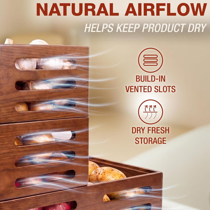 HOMESTEAD Stackable Solid Wood Storage Bins for Kitchen Pantry & Countertop, Ventilated Potato and Onion Basket Organizer with Handles, Wooden Produce Storage Containers, 3-Pack, Chestnut Finish